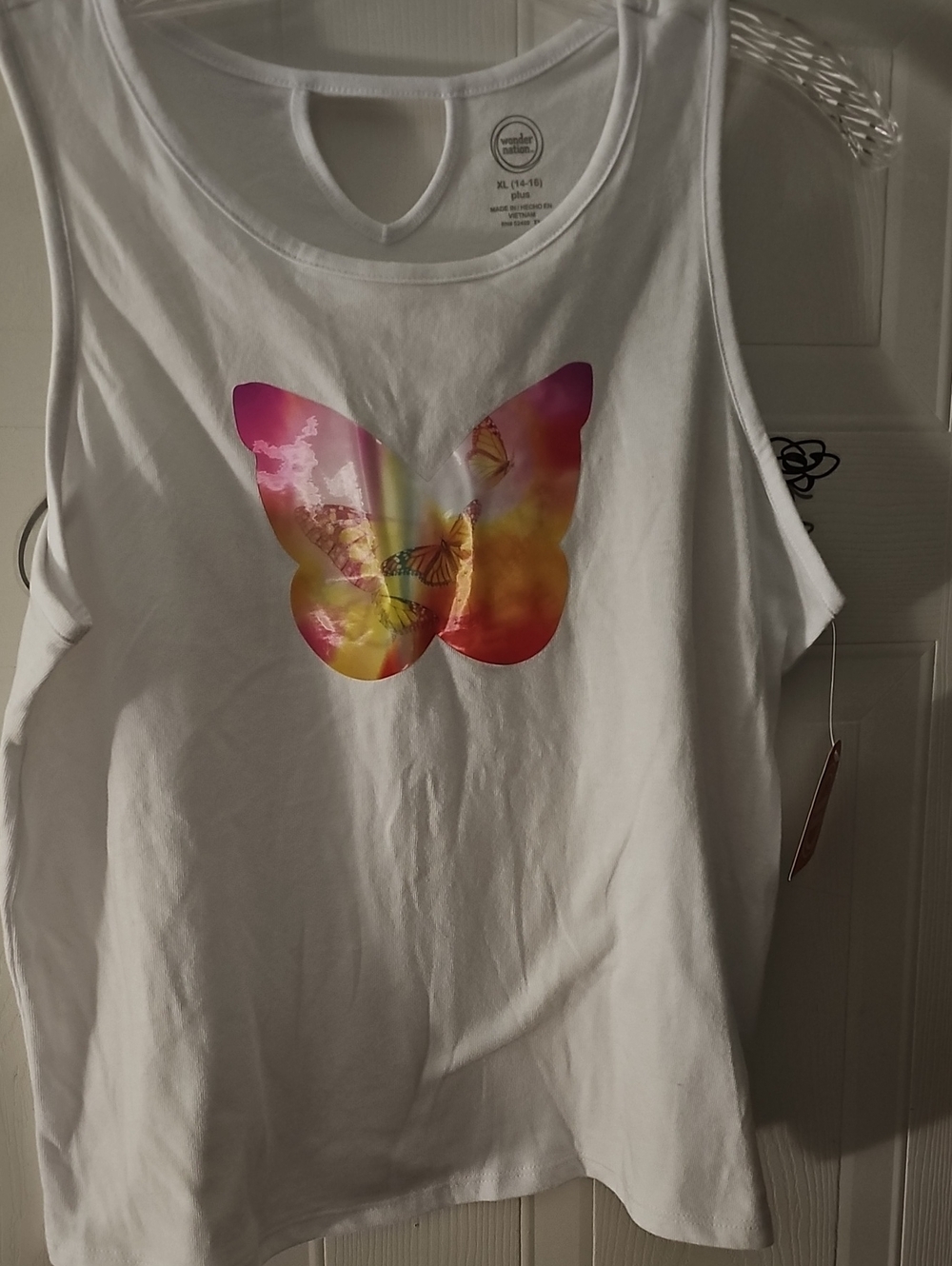 wonder nation White Tank Top with Pink, Yellow and Orange Butterfly